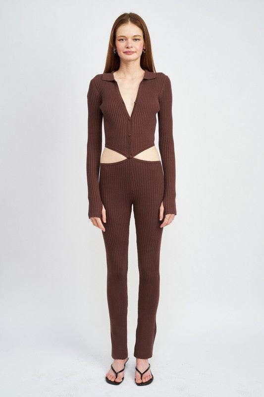 LONG SLEEVE BUTTON UP JUMPSUIT WITH SIDE CUT OUTS - Shop Style & More | Fresh Looks, Everyday Deals & Free Shipping