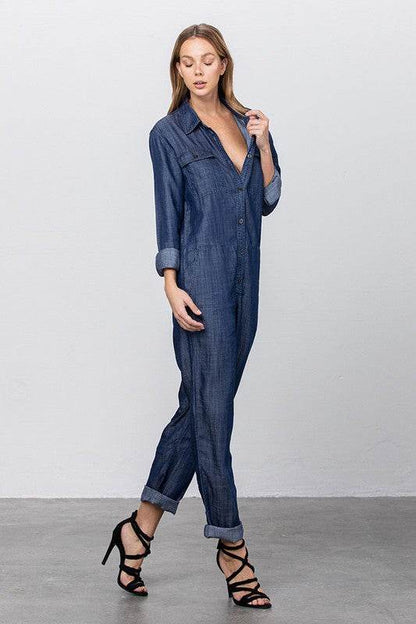 Collared Button Front Tencel Jumpsuit - Shop Style & More | Fresh Looks, Everyday Deals & Free Shipping