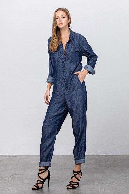 Collared Button Front Tencel Jumpsuit - Shop Style & More | Fresh Looks, Everyday Deals & Free Shipping