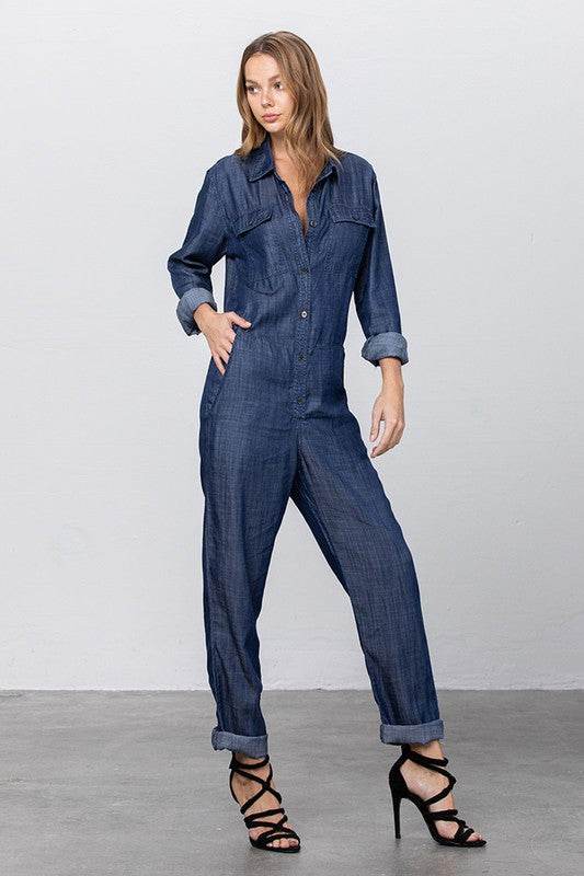 Collared Button Front Tencel Jumpsuit - Shop Style & More | Fresh Looks, Everyday Deals & Free Shipping