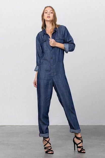 Collared Button Front Tencel Jumpsuit - Shop Style & More | Fresh Looks, Everyday Deals & Free Shipping