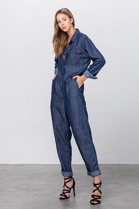 Collared Button Front Tencel Jumpsuit - Shop Style & More | Fresh Looks, Everyday Deals & Free Shipping