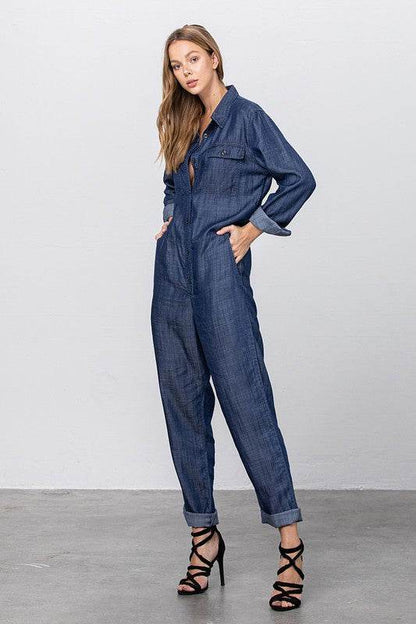 Collared Button Front Tencel Jumpsuit - Shop Style & More | Fresh Looks, Everyday Deals & Free Shipping