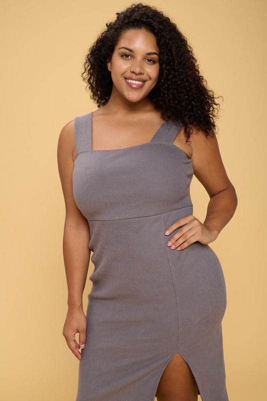 Rib Knit Square Neck Dress with Slit - Shop Style & More | Fresh Looks, Everyday Deals & Free Shipping