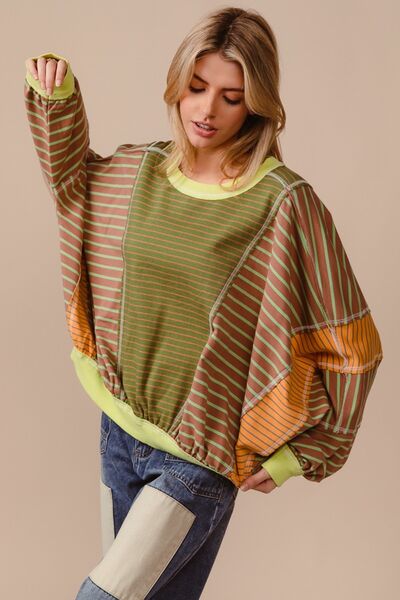 BiBi Color Block Striped Round Neck Sweatshirt Olive Latte Hoodies & Sweaters