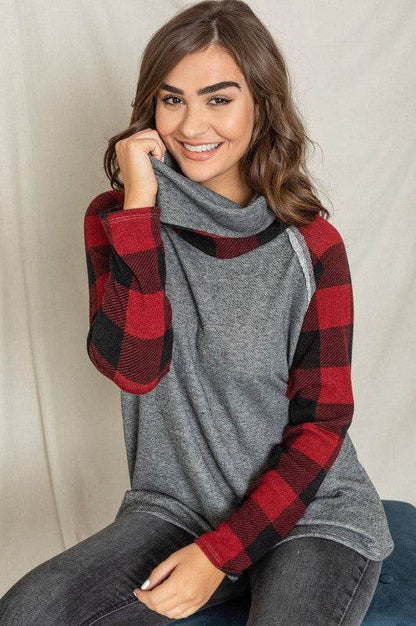 Terry Cowl Neck Checkered Sleeve Tunic - Shop Style & More | Fresh Looks, Everyday Deals & Free Shipping