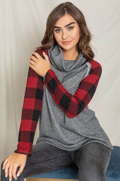 Terry Cowl Neck Checkered Sleeve Tunic - Shop Style & More | Fresh Looks, Everyday Deals & Free Shipping