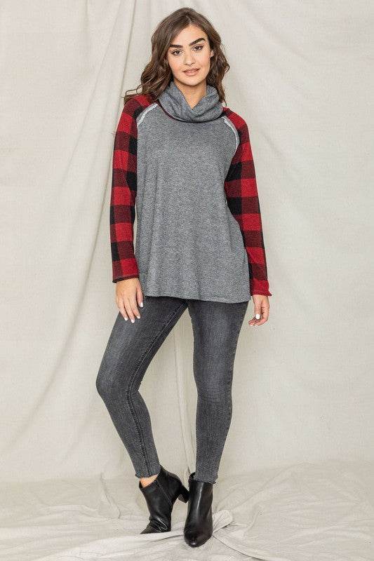 Terry Cowl Neck Checkered Sleeve Tunic - Shop Style & More | Fresh Looks, Everyday Deals & Free Shipping