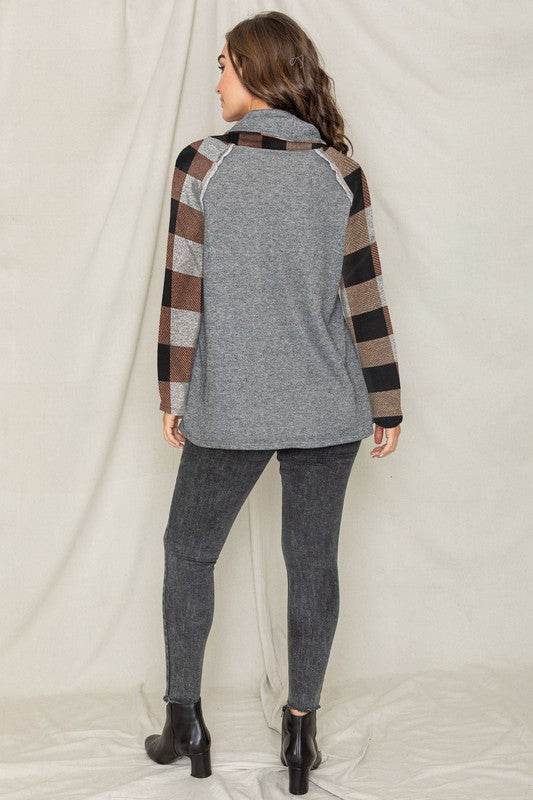Terry Cowl Neck Checkered Sleeve Tunic - Shop Style & More | Fresh Looks, Everyday Deals & Free Shipping