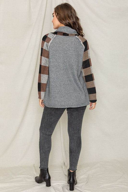 Terry Cowl Neck Checkered Sleeve Tunic - Shop Style & More | Fresh Looks, Everyday Deals & Free Shipping