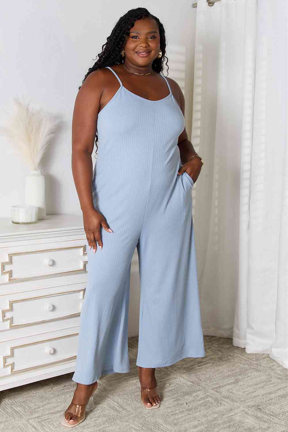 Basic Bae Spaghetti Strap Jumpsuit - Full Size V-Neck Design Light Blue Jumpsuits