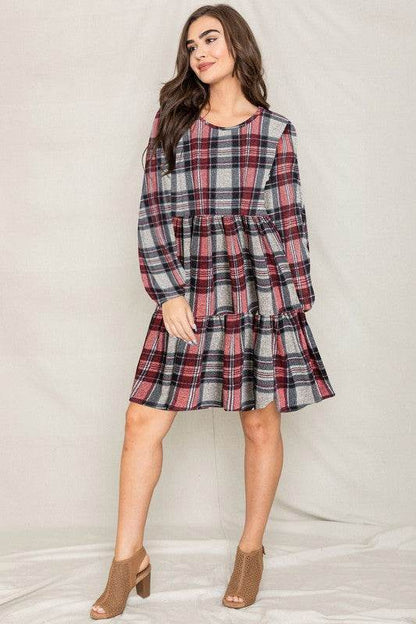 Plus Plaid Balloon Sleeve Tiered Midi Dress - Shop Style & More | Fresh Looks, Everyday Deals & Free Shipping