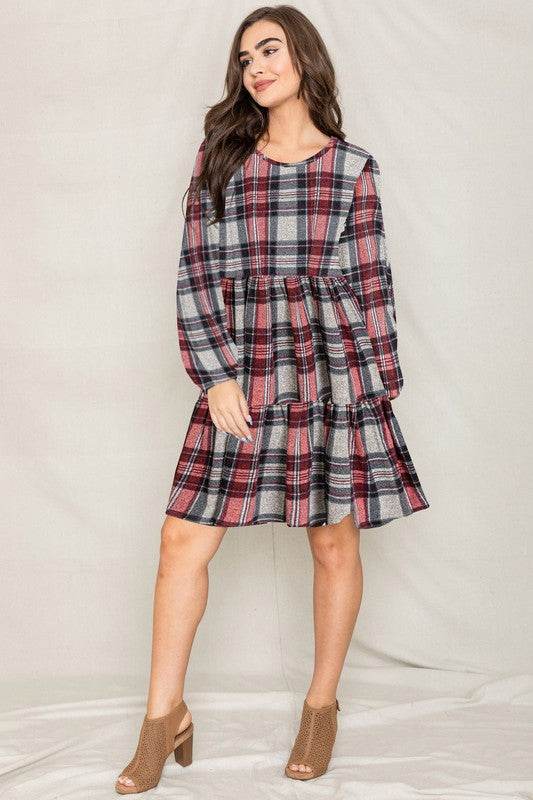 Plus Plaid Balloon Sleeve Tiered Midi Dress - Shop Style & More | Fresh Looks, Everyday Deals & Free Shipping