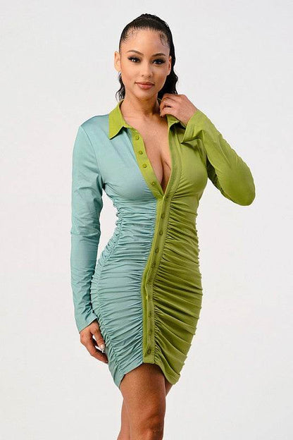 Two tone ruched button up dress - Shop Style & More | Fresh Looks, Everyday Deals & Free Shipping
