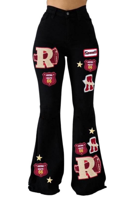 Varsity Patch Bell Bottom Jean in Black - Shop Style & More | Fresh Looks, Everyday Deals & Free Shipping