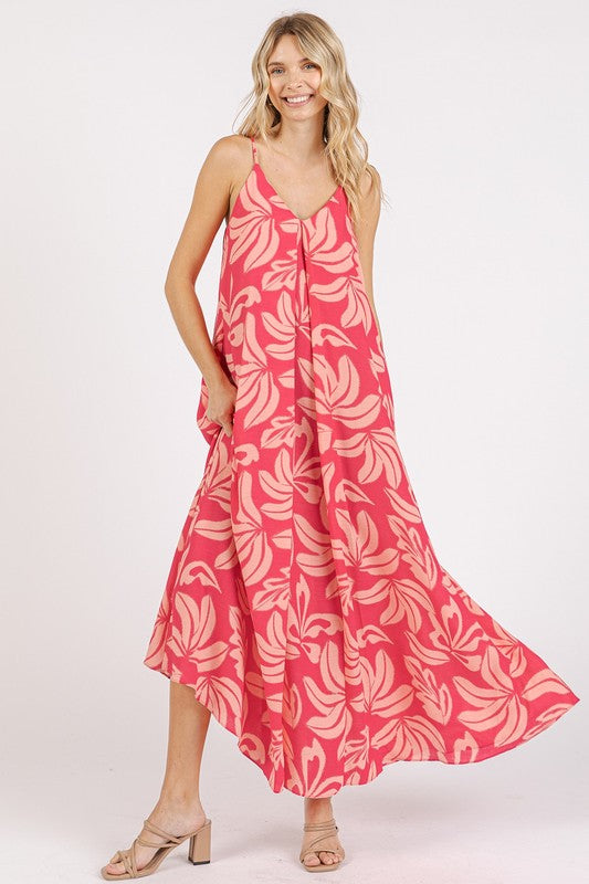 Mittoshop Printed V-Neck Maxi Cami Dress with Pockets Strawberry Casual Dresses