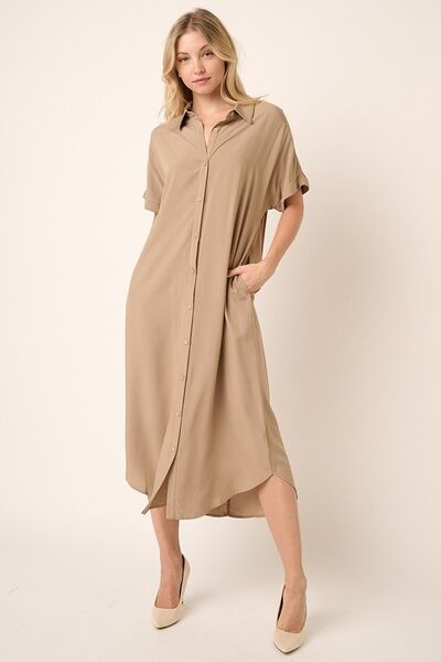 Mittoshop Collared Neck Dolman Short Sleeve Midi Shirt Dress Camel Casual Dresses