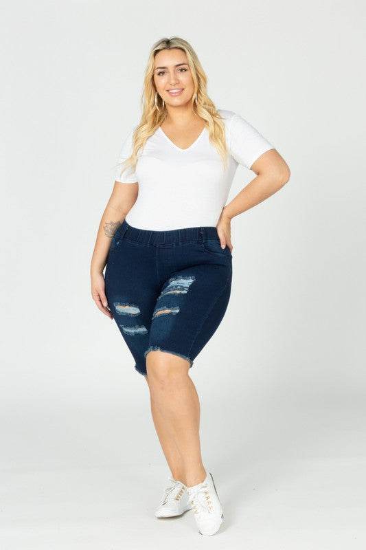 Plus Hi-Waist Distressed Bermuda Short Jeggings - Shop Style & More | Fresh Looks, Everyday Deals & Free Shipping