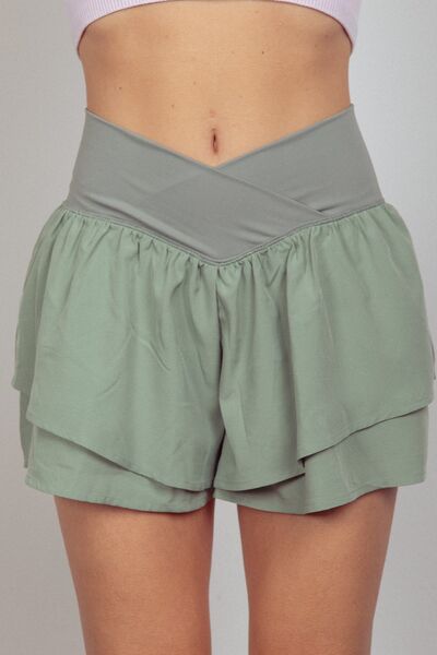 VERY J V-Shaped High Waist Layered Active Shorts Sage Sport Shorts