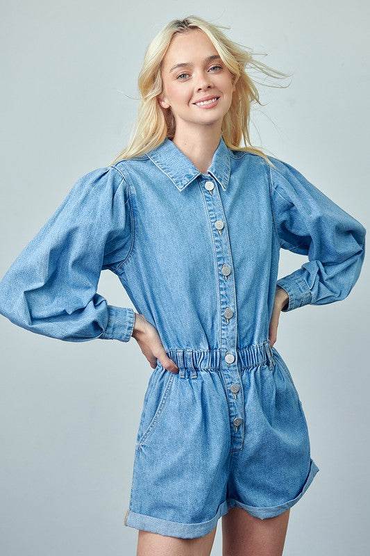 Vintage Roll Up Denim Short Romper - Shop Style & More | Fresh Looks, Everyday Deals & Free Shipping