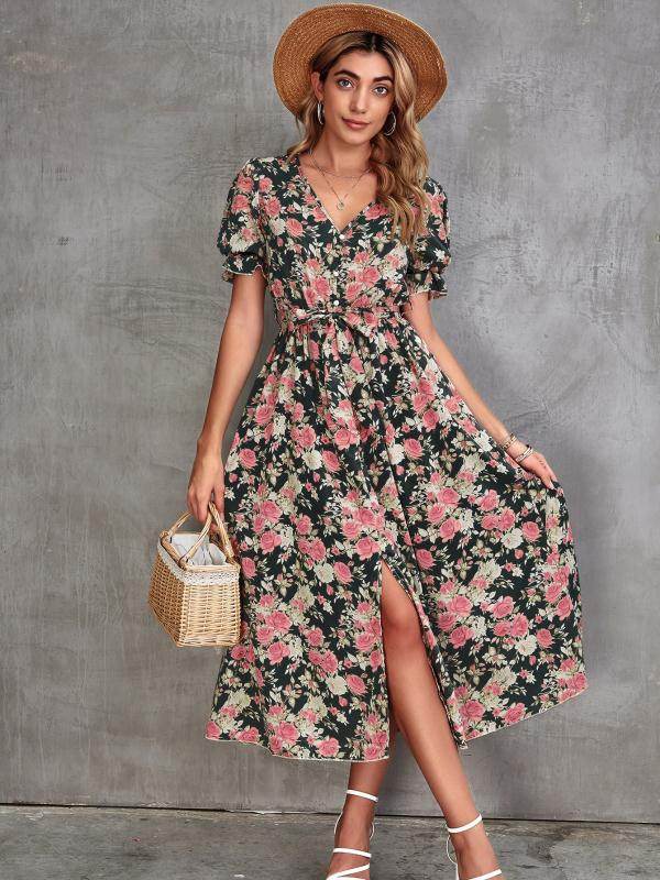 Floral Dress with Slit - Shop Style & More | Fresh Looks, Everyday Deals & Free Shipping