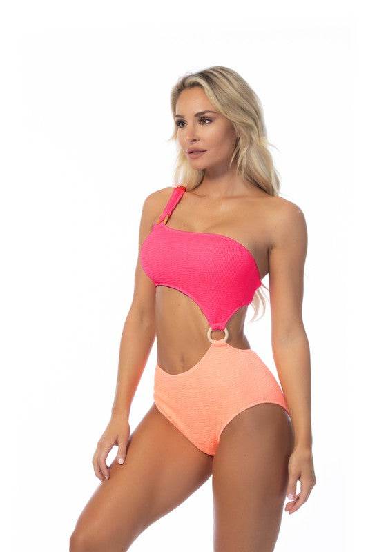 TEXTURED TWO TONE ONE SHOULDER ONE PIECE - Shop Style & More | Fresh Looks, Everyday Deals & Free Shipping
