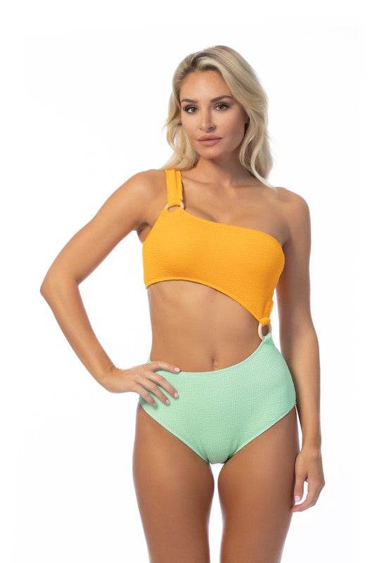 TEXTURED TWO TONE ONE SHOULDER ONE PIECE - Shop Style & More | Fresh Looks, Everyday Deals & Free Shipping