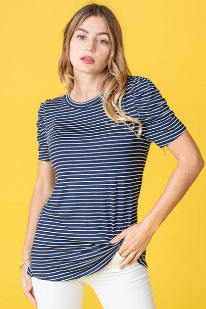 Stripe Puff Ruched Sleeve Top - Shop Style & More | Fresh Looks, Everyday Deals & Free Shipping