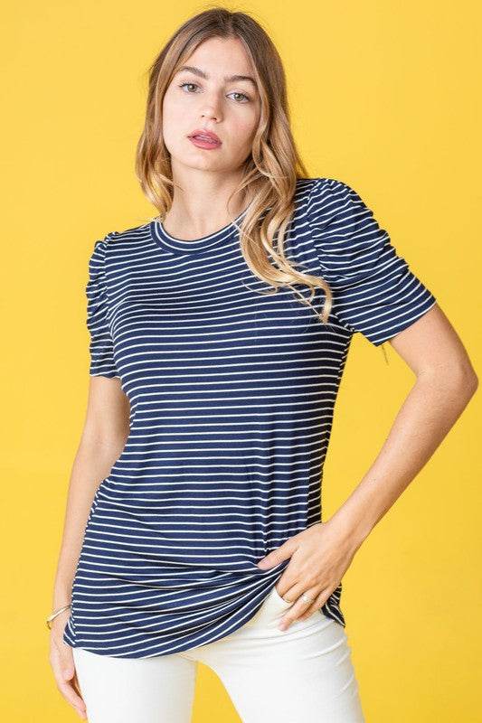 Stripe Puff Ruched Sleeve Top - Shop Style & More | Fresh Looks, Everyday Deals & Free Shipping