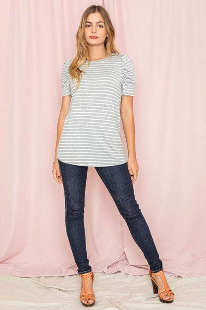Stripe Puff Ruched Sleeve Top - Shop Style & More | Fresh Looks, Everyday Deals & Free Shipping