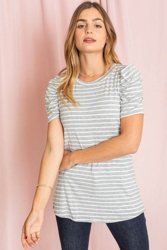 Stripe Puff Ruched Sleeve Top - Shop Style & More | Fresh Looks, Everyday Deals & Free Shipping