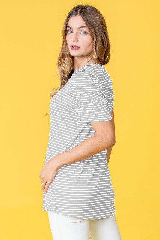 Stripe Puff Ruched Sleeve Top - Shop Style & More | Fresh Looks, Everyday Deals & Free Shipping