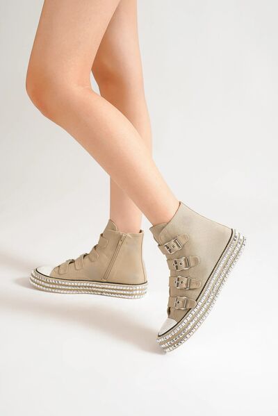 Beast Fashion Multi-Buckle Straps Studded Platform Sneakers Khaki Sneakers