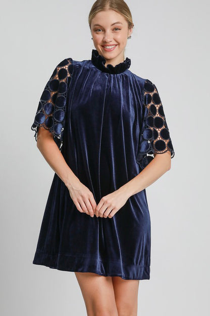 Umgee Dotted Lace Half Sleeve Mock Neck Back Tie Velvet Dress Navy Casual Dresses