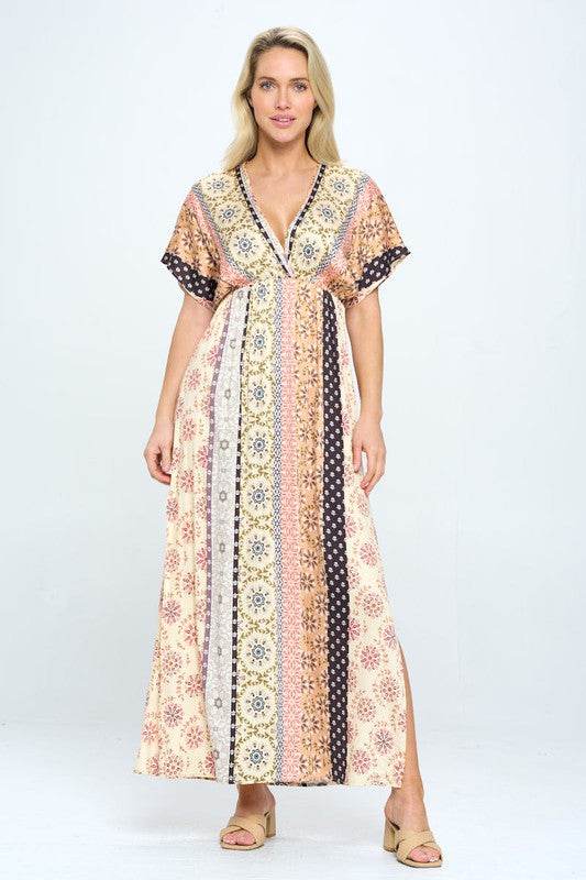 Boho Print Kimono Maxi Dress with Side Slit - Shop Style & More | Fresh Looks, Everyday Deals & Free Shipping