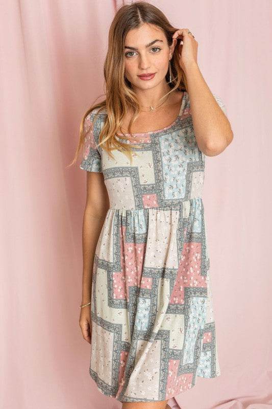 Plus Short Sleeve Floral Patch Work Mini Dress - Shop Style & More | Fresh Looks, Everyday Deals & Free Shipping