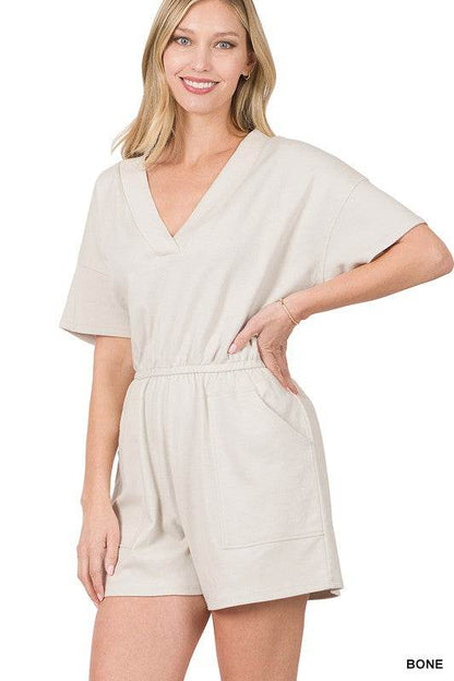 Drop Shoulder V-Neck Romper with Pockets - Shop Style & More | Fresh Looks, Everyday Deals & Free Shipping