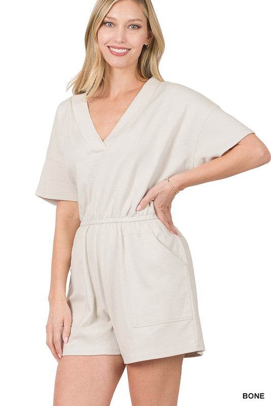Drop Shoulder V-Neck Romper with Pockets - Shop Style & More | Fresh Looks, Everyday Deals & Free Shipping