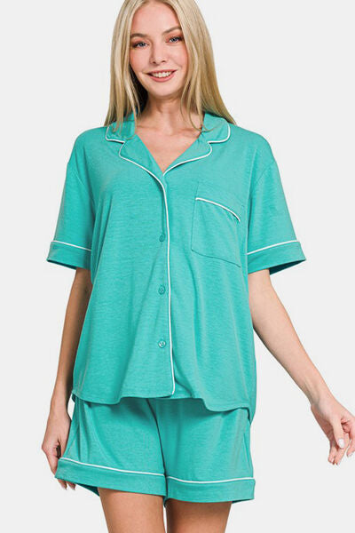 Zenana Button Down Short Sleeve Top and Shorts Lounge Set Turquoise Lounge Set