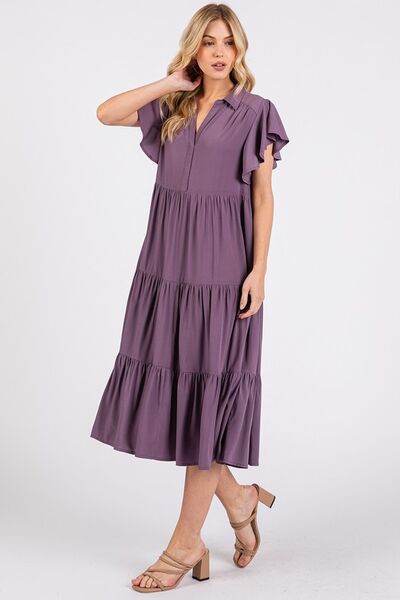 Mittoshop Ruffle Sleeve Collared V Neck Tiered Midi Dress Casual Dresses