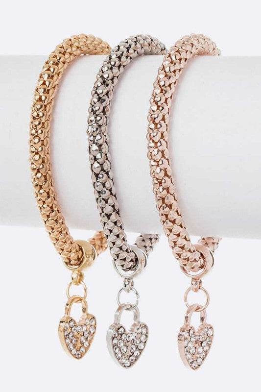 Heart Charm 3 Tone Popcorn Bracelet Set - Shop Style & More | Fresh Looks, Everyday Deals & Free Shipping