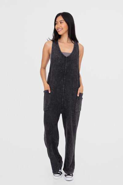 Mono B Mineral-Washed V Neck Overalls with Pockets Black Jumpsuits