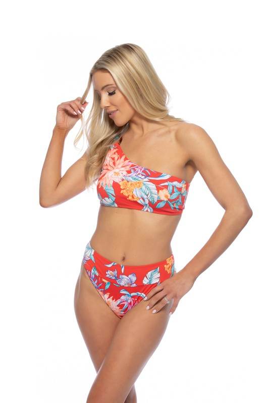 RED TROPICAL RING ACCENT ONE SHOULDER BIKINI SET - Shop Style & More | Fresh Looks, Everyday Deals & Free Shipping