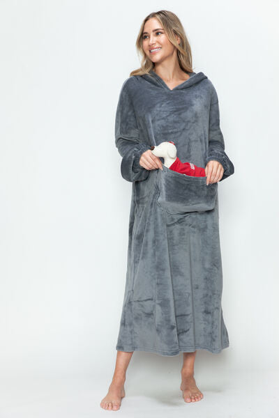 Double Take Full Size Pocketed Hooded Midi Lounge Dress Dark Gray Sleepwear