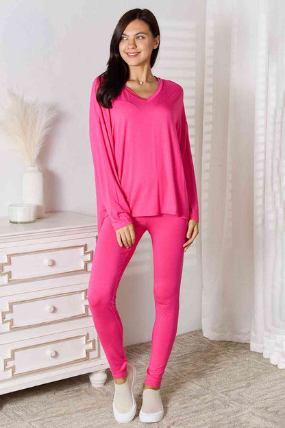 Basic Bae Full Size V-Neck Soft Rayon Long Sleeve Top and Pants Lounge Set Hot Pink Lounge Set