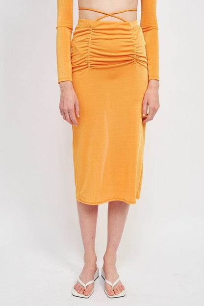 RUCHED MIDI SKIRT WITH WAIST TIE AND SLIT - Shop Style & More | Fresh Looks, Everyday Deals & Free Shipping
