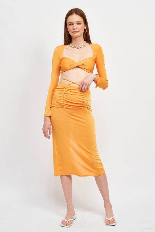 RUCHED MIDI SKIRT WITH WAIST TIE AND SLIT - Shop Style & More | Fresh Looks, Everyday Deals & Free Shipping