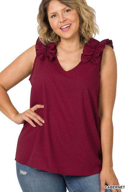 Plus Woven Wool Dobby Ruffle Trim Sleeveless Top - Shop Style & More | Fresh Looks, Everyday Deals & Free Shipping