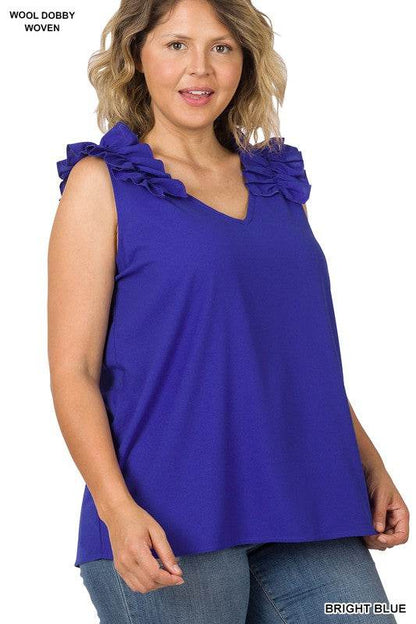 Plus Woven Wool Dobby Ruffle Trim Sleeveless Top - Shop Style & More | Fresh Looks, Everyday Deals & Free Shipping