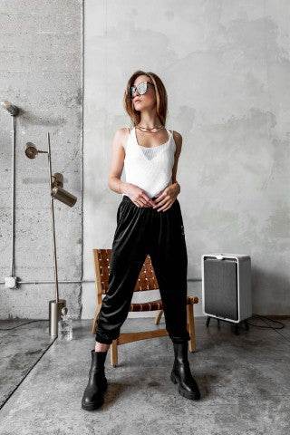 Black Velour Joggers with Logo Embroidery - Shop Style & More | Fresh Looks, Everyday Deals & Free Shipping